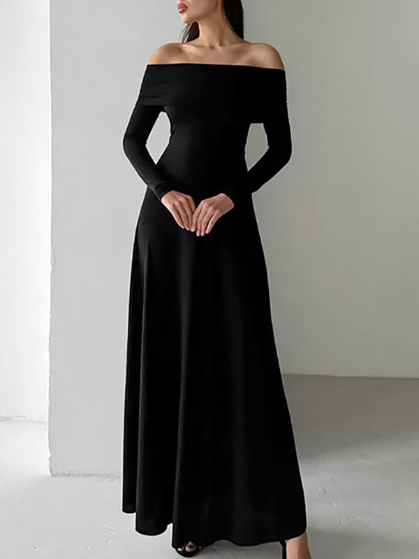 Solid Color High Waisted Long Sleeves Off-The-Shoulder Maxi Dresses