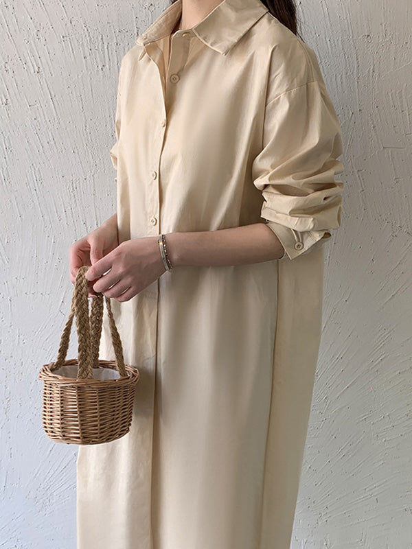 Urban Loose Solid Color Lapel Collar Shirt Midi Dresses