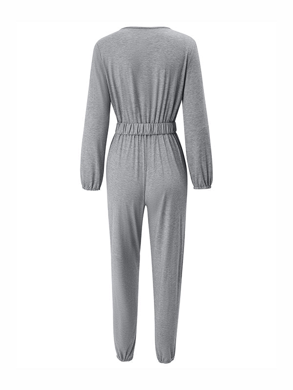Belted Elasticity Long Sleeves V-neck Jumpsuits
