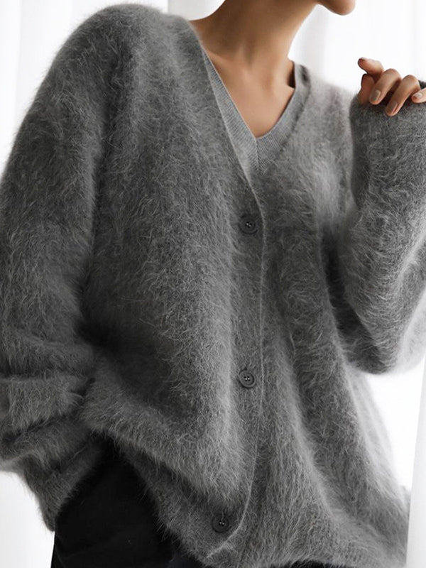 Buttoned Solid Color Long Sleeves Loose V-Neck Cardigan Tops