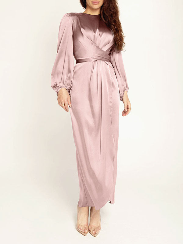 High-Waisted Solid Color Tied Waist Zipper Wrap Round-neck Maxi Dresses