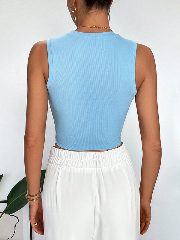 Knot Solid Color Skinny Sleeveless Round-Neck Vest Top