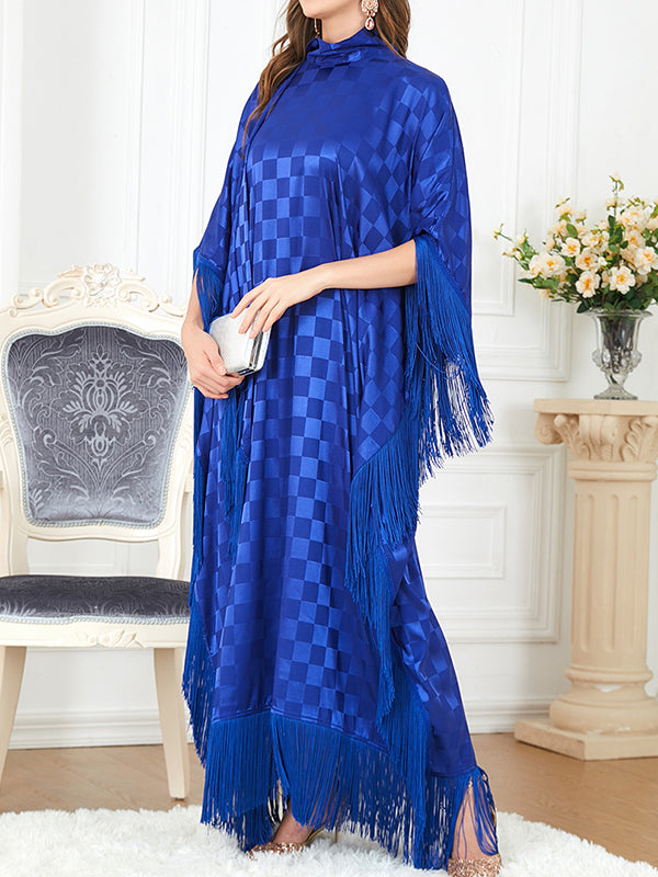 Plaid Ribbon Tasseled A-Line Batwing Sleeves Maxi Dresses