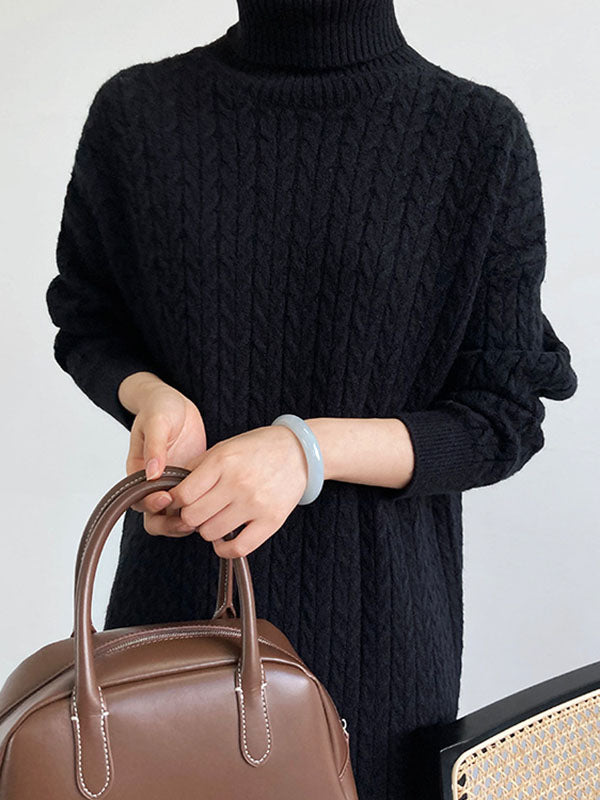 Stylish Loose Long Sleeves Solid Color High-Neck Twist Sweater Dresses