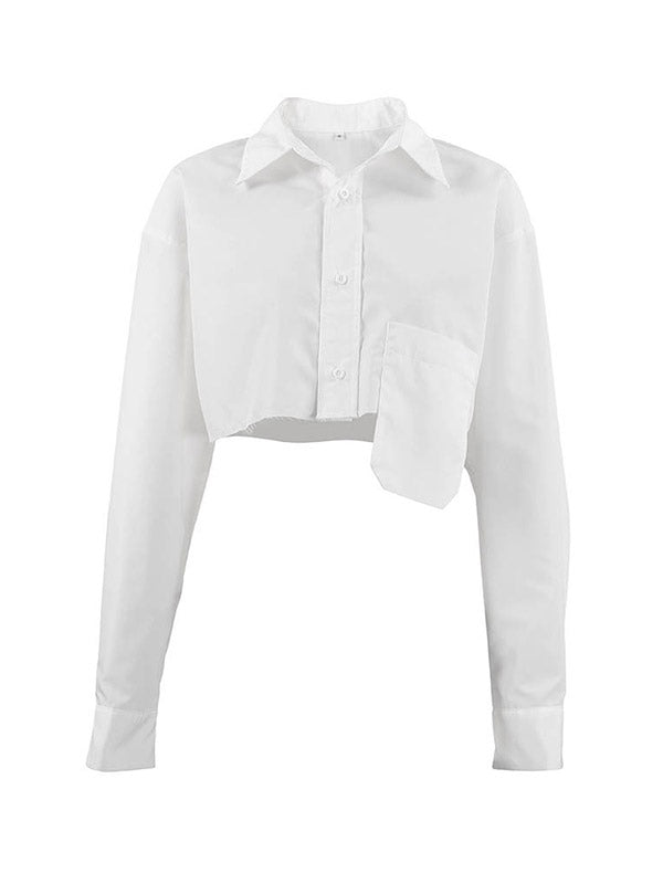 Asymmetric Buttoned Pockets Solid Color Split-Joint Long Sleeves Loose Lapel Blouses&Shirts Tops