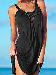 Pleated Solid Color A-Line Loose Spaghetti-Neck Mini Dresses