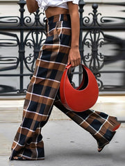 High Waisted Wide Leg Plaid Split-Joint Pants Trousers