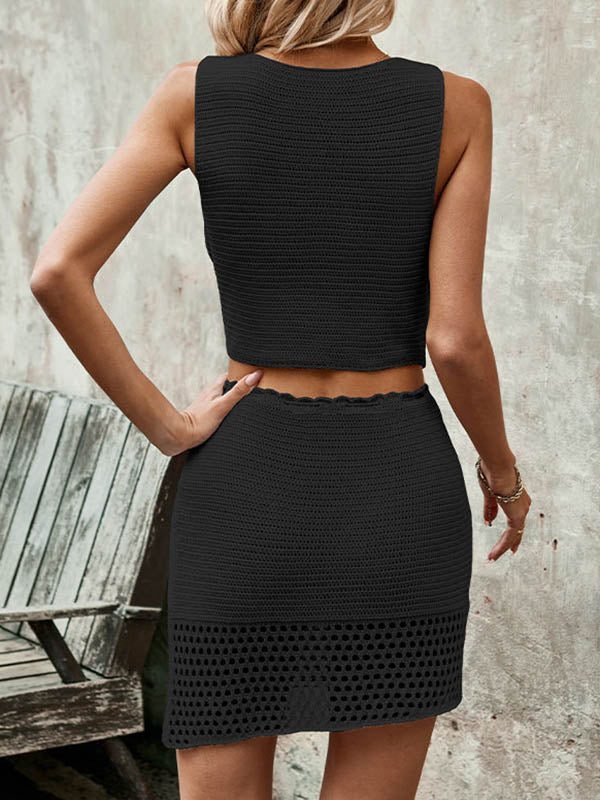 V-Neck Sleeveless Buttoned Hollow Tied Vest Top + Bodycon Skirts Bottom Two Pieces Set