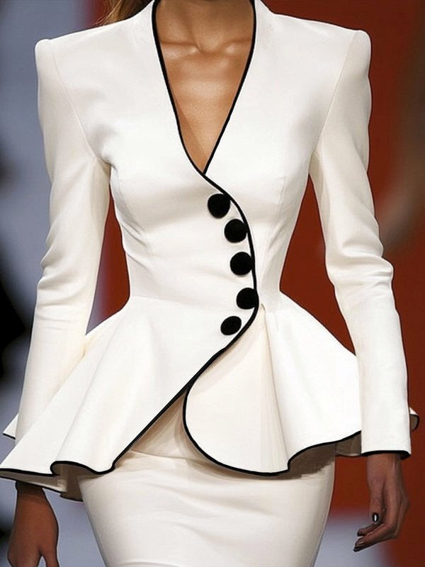 Buttoned Long Sleeves Deep V-Neck Outerwear Jackets