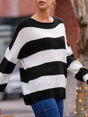 Contrast Color Striped Long Sleeves Loose Round-Neck Sweater Tops Pullovers