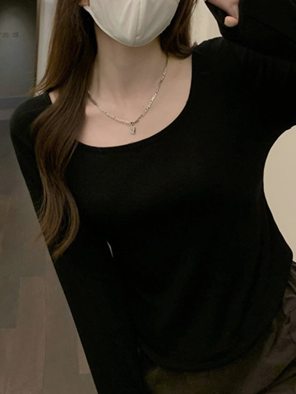 Solid Color Long Sleeves Skinny Square-Neck T-Shirts Tops