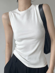 See-Through Solid Color Split-Joint Skinny Sleeveless Round-neck Vest Top