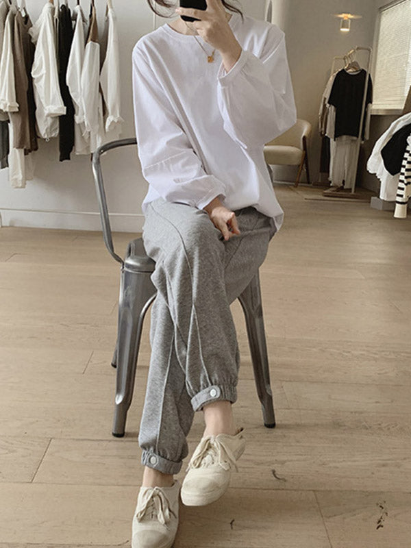 Pleated Solid Color Long Sleeves Loose Round-Neck T-Shirts Tops