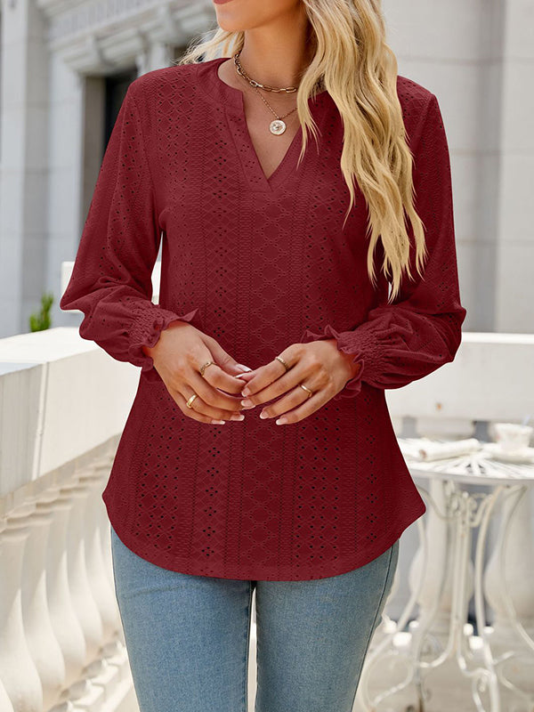 Elasticity Hollow Solid Color Long Sleeves Loose V-neck T-Shirts Tops
