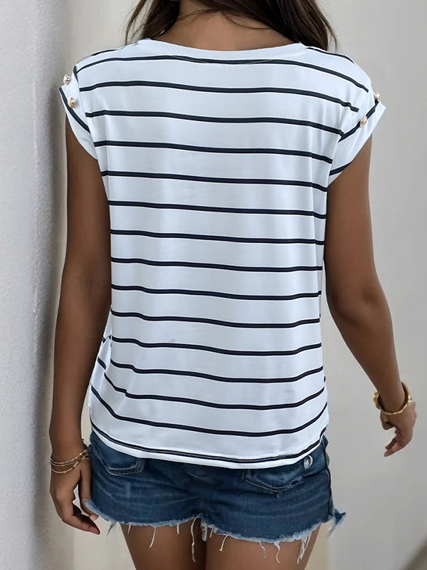 Split-Joint Striped Loose Short Sleeves Round-Neck T-Shirts