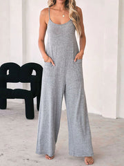 Pockets Solid Color Split-Joint Loose Sleeveless Round-Neck Jumpsuits