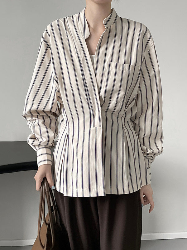 Original Creation Loose Long Sleeves Striped V-Neck Blouses&Shirts Tops