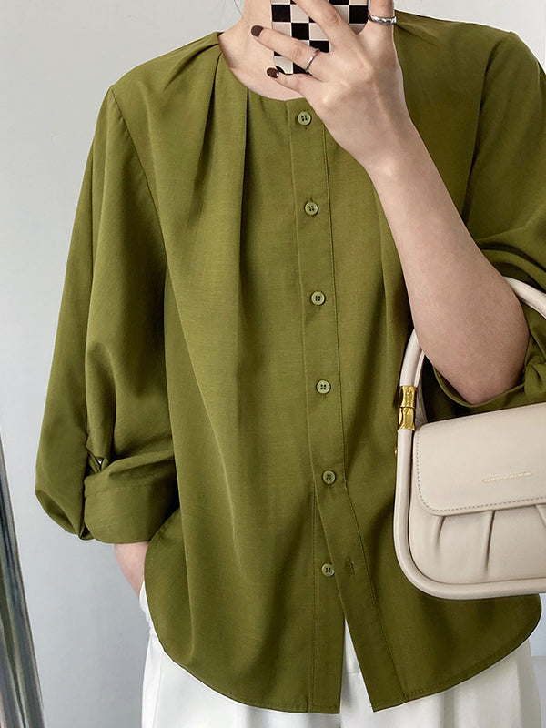 Pleated See-Through Solid Color Split-Joint High-Low Loose Round-Neck Blouses