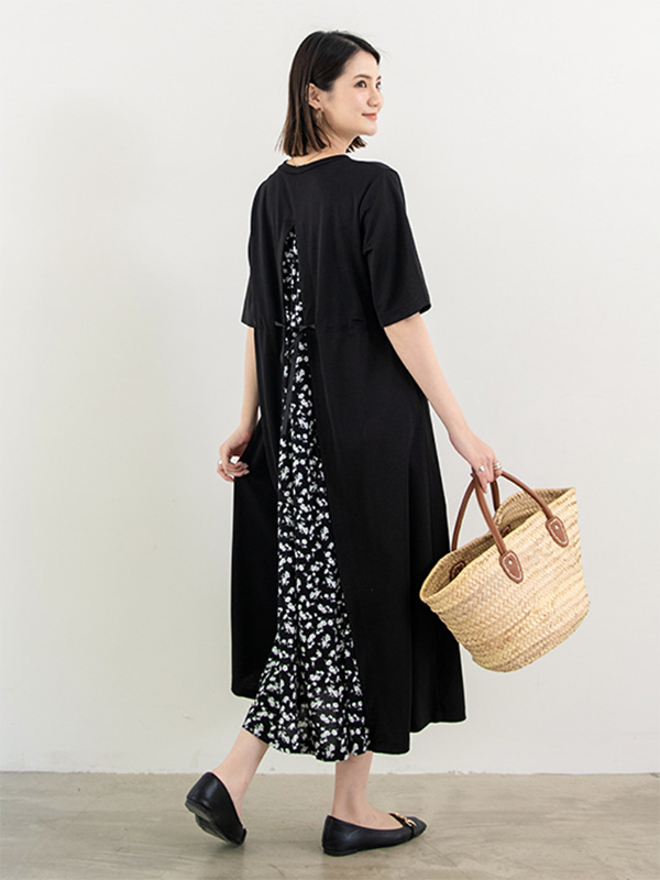 Original Half Sleeves Loose Contrast Color Split-Back Round-Neck Midi Dresses