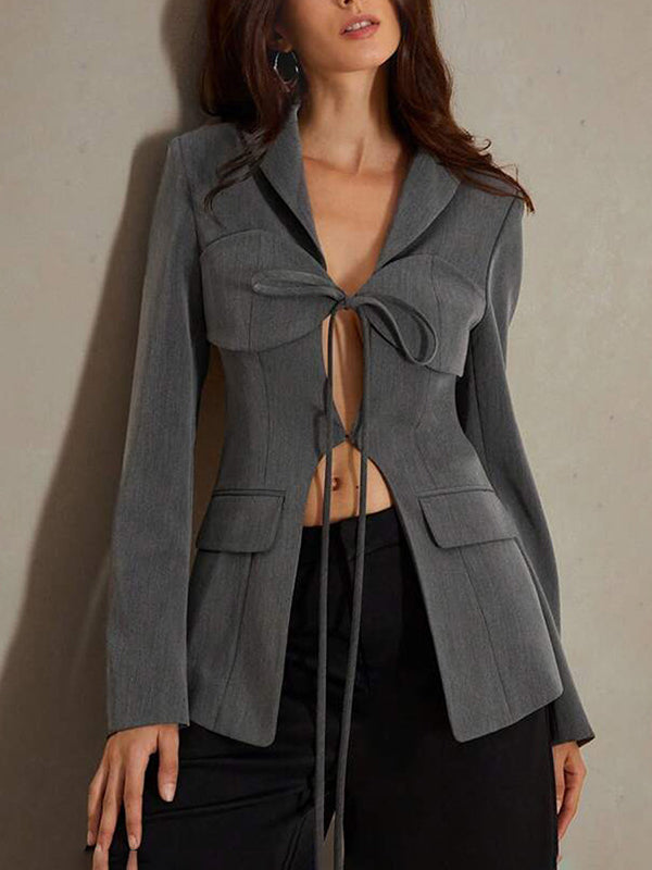 Pockets Solid Color Tied Long Sleeves Loose Notched Collar Outerwear Blazer