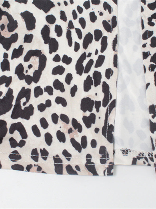 Leopard Pleated Printed Split-Front Bodycon Long Sleeves High Neck Maxi Dresses
