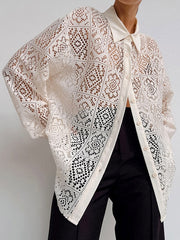 Buttoned Hollow See-Through Solid Color Sun Protection Long Sleeves Loose Lapel Collar Blouses&Shirts Tops