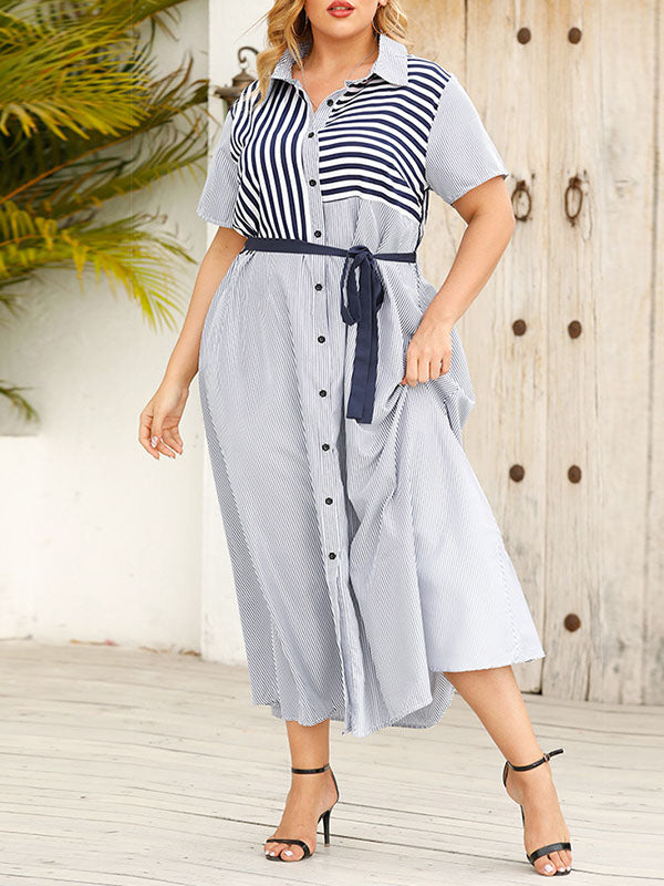 Buttoned Split-Joint Striped Tied Waist Loose Plus Size Lapel Shirt Dress Maxi Dresses