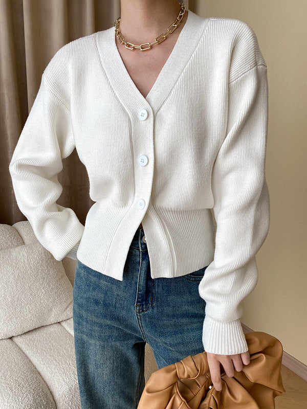 Solid Color Long Sleeves Loose V-Neck Cardigan Tops