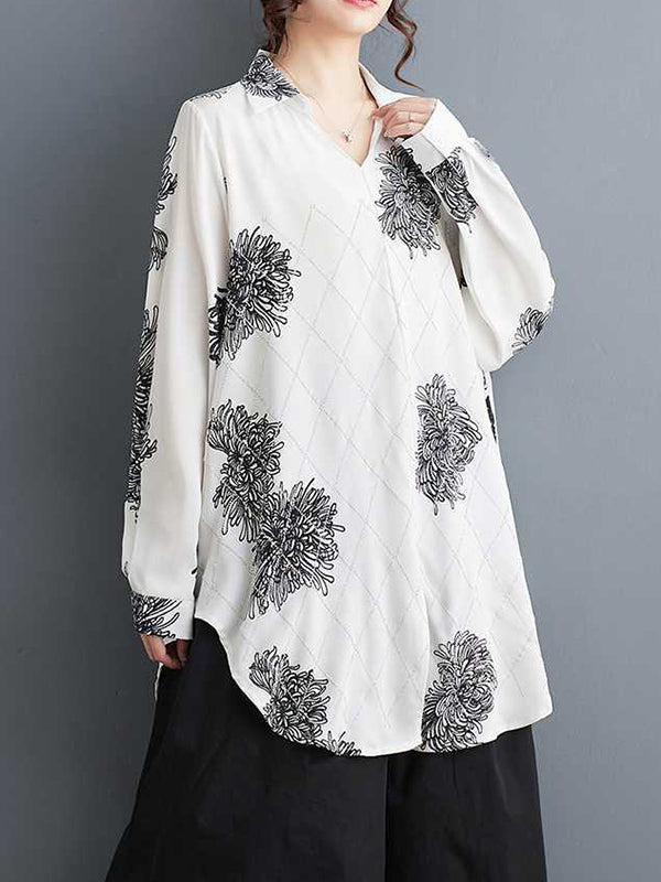 Buttoned Flower Print Pleated Split-front Long Sleeves Loose Lapel Blouses&shirts Tops