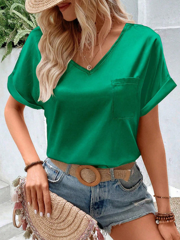 Pockets Solid Color Loose Short Sleeves V-Neck T-Shirts Tops