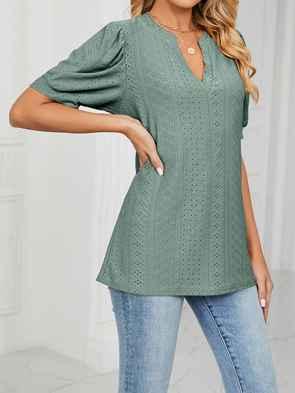 Hollow Solid Color Bishop Sleeve Loose V-neck T-Shirts Tops