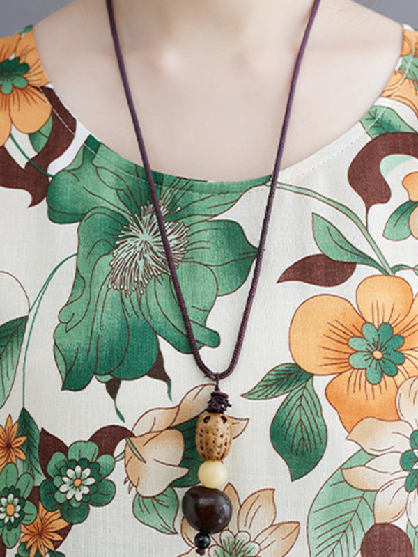 Floral Printed Pleated Split-Joint Loose Short Sleeves Round-Neck Midi Dresses