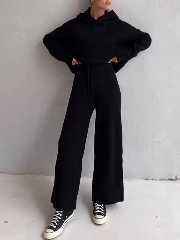 Solid Color Loose Round-Neck Hooded Long Sleeves Sweater Top + Drawstring Pants Bottom Two Pieces Set