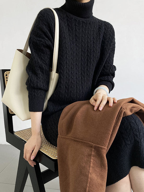 Stylish Loose Long Sleeves Solid Color High-Neck Twist Sweater Dresses