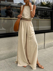 Loose Elasticity Solid Color Split-Joint Round-neck Vest + High Waisted Split-side Pants Two Pieces Set