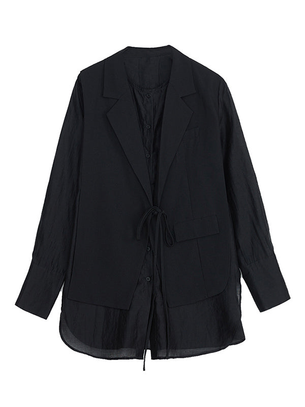 Buttoned Mesh Pockets Solid Color Split-Joint Sun Protection Tied Waist False Two Long Sleeves Notched Collar Outerwear Blazer