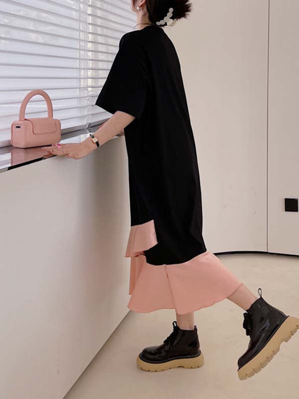 Casual Loose Short Sleeves Contrast Color Falbala Split-Joint Round-Neck Midi Dresses