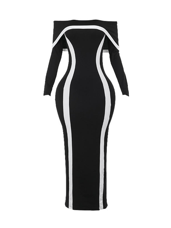 Contrast Color Split-Joint Bodycon Long Sleeves Off-The-Shoulder Maxi Dresses Evening Dresses