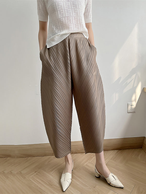 Elasticity Pleated Solid Color Split-Joint Harem Pants High Waisted Trousers Pants Ninth Pants