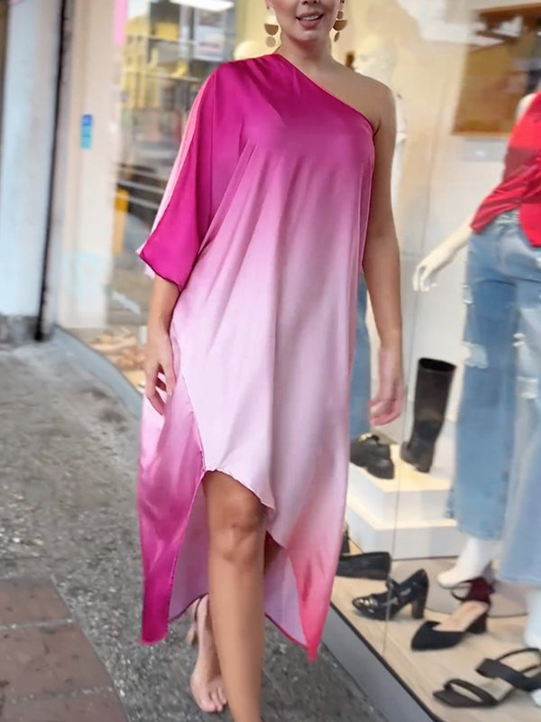 Gradient Irregularity Loose One-Shoulder Midi Dresses