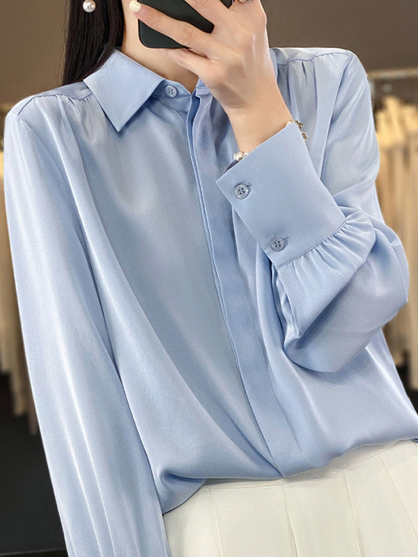 Buttoned Pleated Solid Color Long Sleeves Loose Lapel Blouses&Shirts Tops