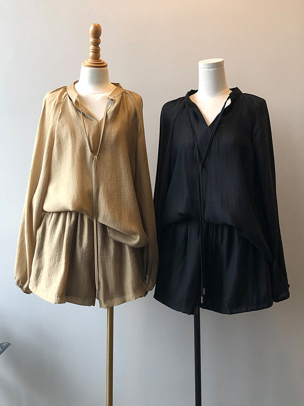 Split-Joint Solid Color  Sun Protection Tied V-neck Long Sleeves Top + Shorts Two Pieces Set
