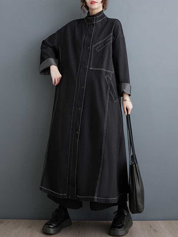 Buttoned Pockets Split-Joint Long Sleeves Loose Stand Collar Trench Coats Outerwear
