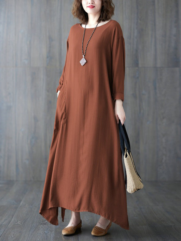 Casual Long Sleeves Loose Solid Color Round-Neck Maxi Dresses