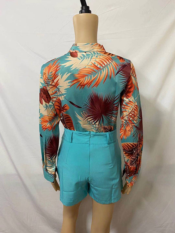 Flower Print Long Sleeves Buttoned  Deep V-Neck Shirts Top +Belted Shorts Bottom Two Pieces Set