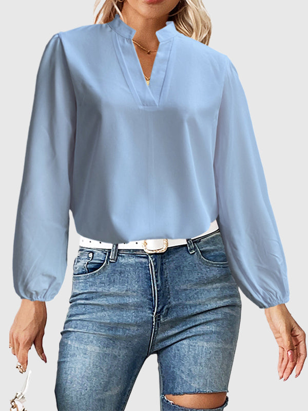Elasticity Solid Color Long Sleeves Loose Stand Collar Blouses&Shirts Tops