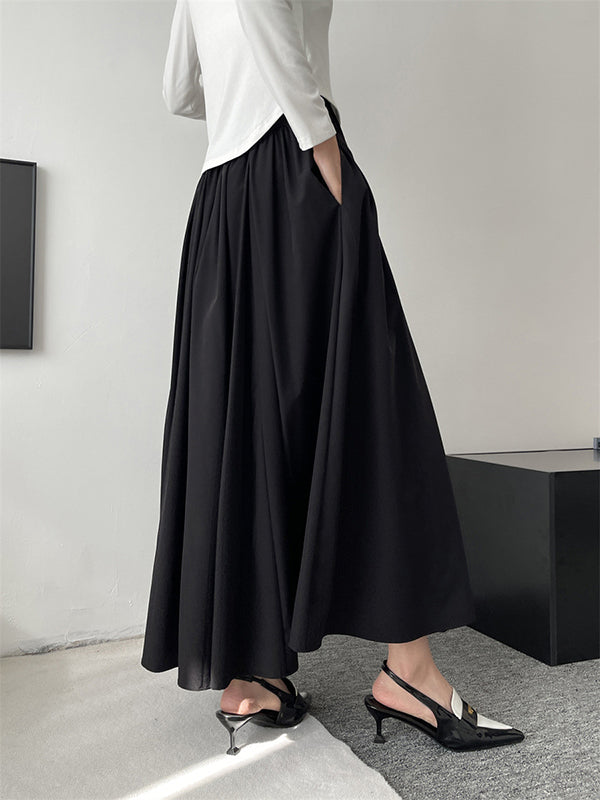 Pleated Solid Color Split-Joint A-Line High Waisted Skirts Bottoms