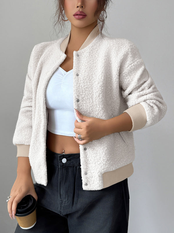 Buttoned Elasticity Pockets Solid Color Long Sleeves Collarless Jackets&Coats
