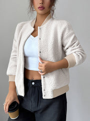 Buttoned Elasticity Pockets Solid Color Long Sleeves Collarless Jackets&Coats