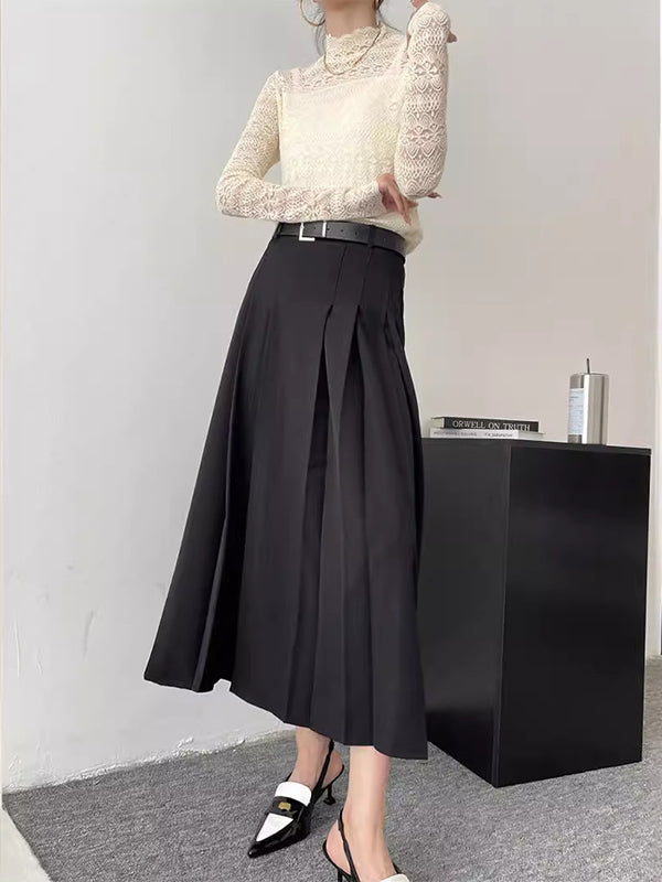 Pleated Solid Color Split-Joint A-Line High Waisted Skirts
